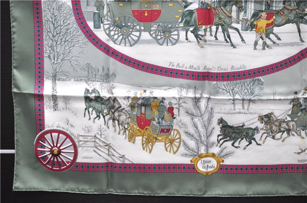 Authentic HERMES Carre 90 Scarf "I'Hiver en Poste" Silk Khaki Green Box 6124E