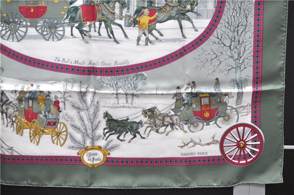 Authentic HERMES Carre 90 Scarf "I'Hiver en Poste" Silk Khaki Green Box 6124E