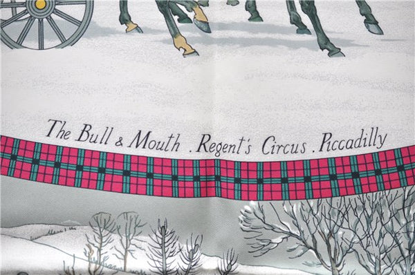 Authentic HERMES Carre 90 Scarf "I'Hiver en Poste" Silk Khaki Green Box 6124E