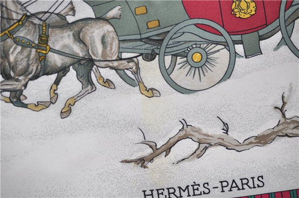 Authentic HERMES Carre 90 Scarf "I'Hiver en Poste" Silk Khaki Green Box 6124E