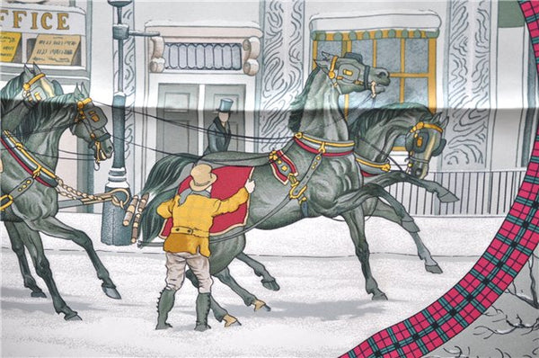 Authentic HERMES Carre 90 Scarf "I'Hiver en Poste" Silk Khaki Green Box 6124E