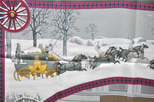 Authentic HERMES Carre 90 Scarf "I'Hiver en Poste" Silk Khaki Green Box 6124E