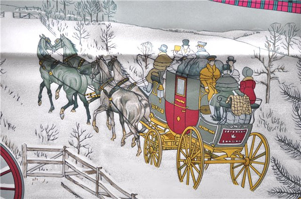 Authentic HERMES Carre 90 Scarf "I'Hiver en Poste" Silk Khaki Green Box 6124E