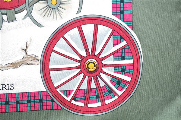 Authentic HERMES Carre 90 Scarf "I'Hiver en Poste" Silk Khaki Green Box 6124E