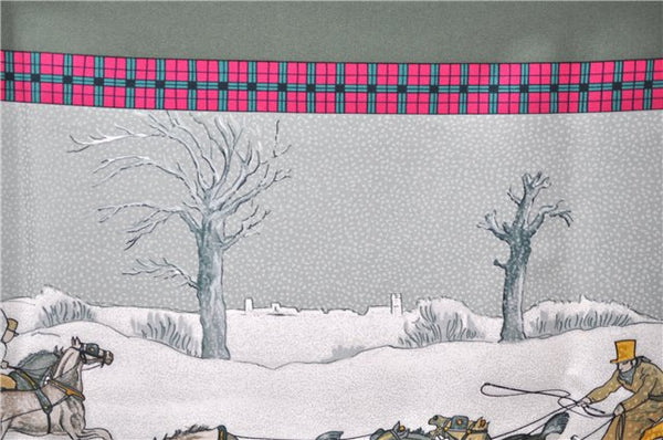 Authentic HERMES Carre 90 Scarf "I'Hiver en Poste" Silk Khaki Green Box 6124E