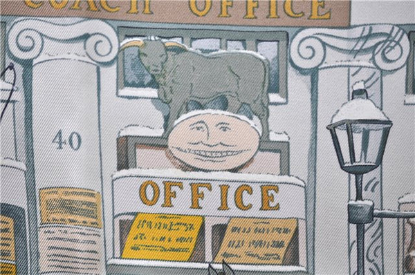 Authentic HERMES Carre 90 Scarf "I'Hiver en Poste" Silk Khaki Green Box 6124E