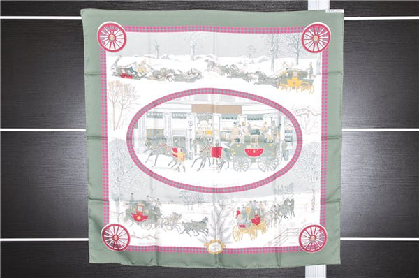 Authentic HERMES Carre 90 Scarf "I'Hiver en Poste" Silk Khaki Green Box 6124E