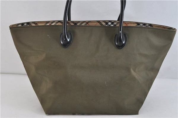 Authentic BURBERRY BLUE LABEL Check Shoulder Tote Bag Nylon Leather Green 6138C