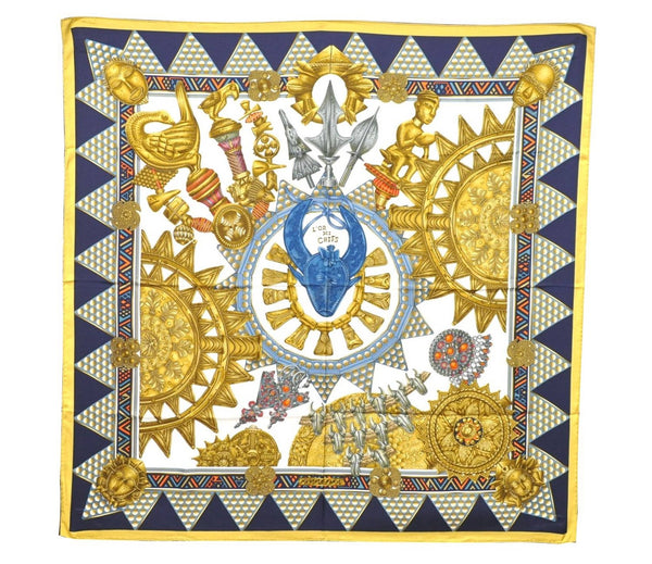 Authentic HERMES Carre 90 Scarf "L'OR DES CHEFS" Silk Yellow Navy 6160C