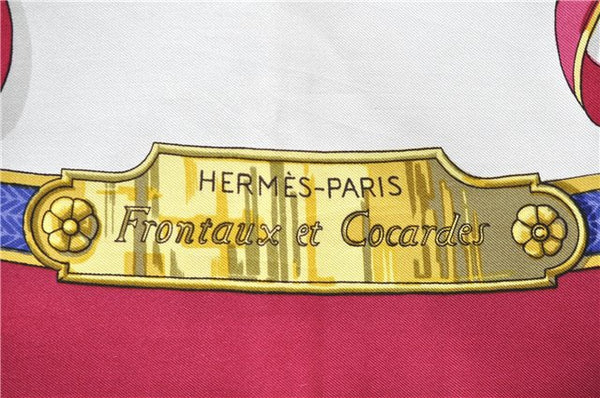 Authentic HERMES Carre 90 Scarf "Frontaux et Cocardes" Silk Bordeaux Red 6174D