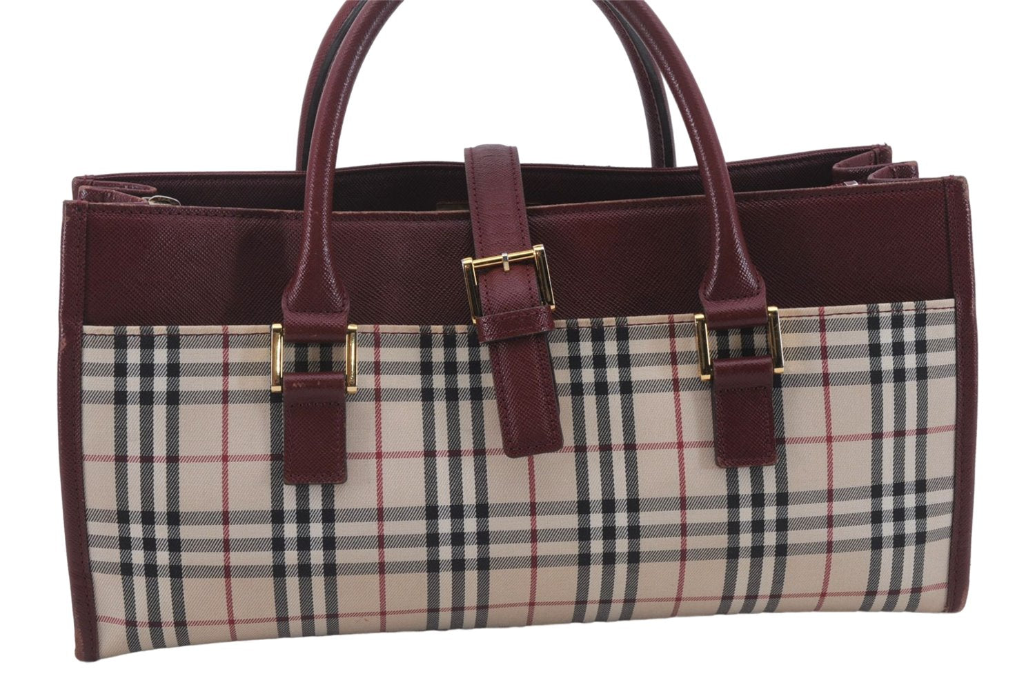 Authentic BURBERRY Nova Check Canvas Leather Hand Bag Purse Beige Red 6181D