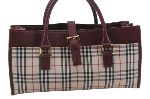 Authentic BURBERRY Nova Check Canvas Leather Hand Bag Purse Beige Red 6181D
