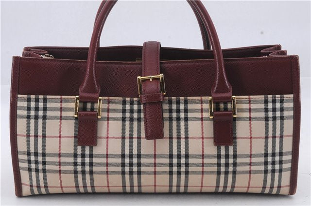 Authentic BURBERRY Nova Check Canvas Leather Hand Bag Purse Beige Red 6181D