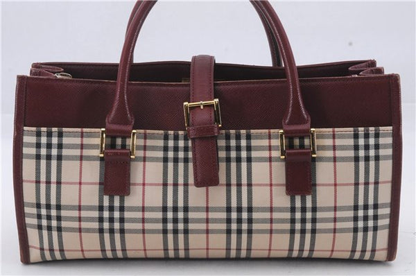 Authentic BURBERRY Nova Check Canvas Leather Hand Bag Purse Beige Red 6181D