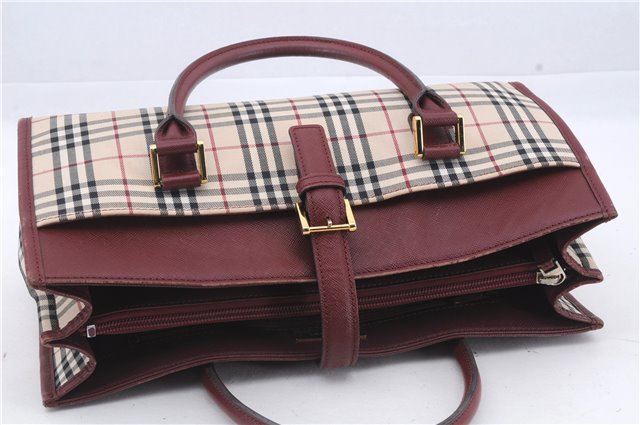 Authentic BURBERRY Nova Check Canvas Leather Hand Bag Purse Beige Red 6181D