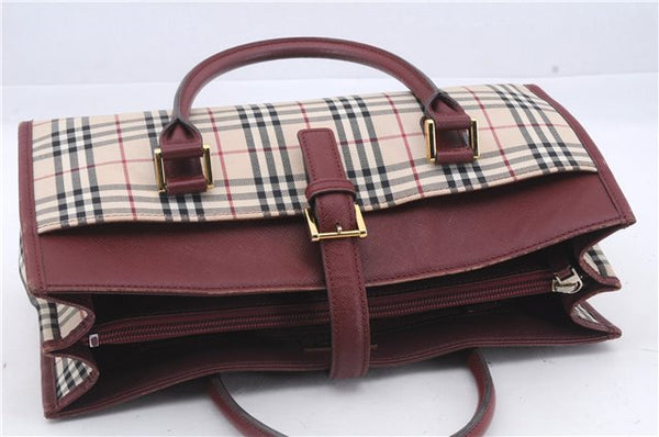 Authentic BURBERRY Nova Check Canvas Leather Hand Bag Purse Beige Red 6181D