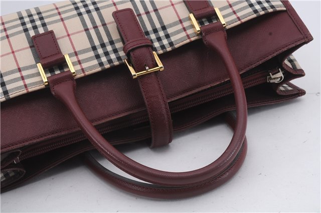 Authentic BURBERRY Nova Check Canvas Leather Hand Bag Purse Beige Red 6181D