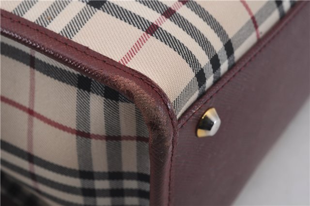 Authentic BURBERRY Nova Check Canvas Leather Hand Bag Purse Beige Red 6181D