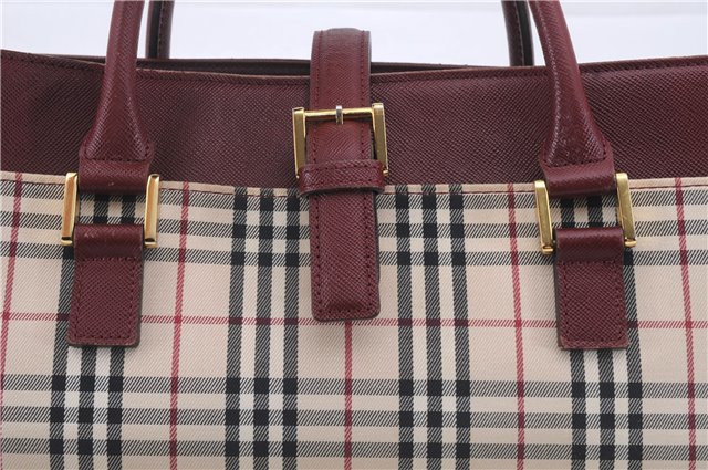 Authentic BURBERRY Nova Check Canvas Leather Hand Bag Purse Beige Red 6181D