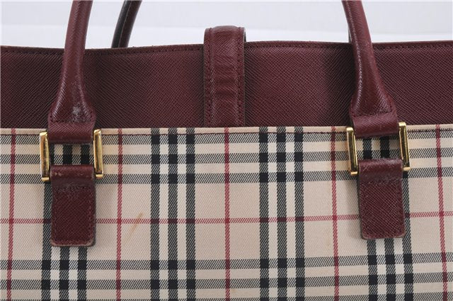 Authentic BURBERRY Nova Check Canvas Leather Hand Bag Purse Beige Red 6181D