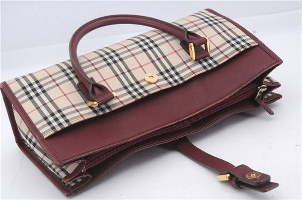 Authentic BURBERRY Nova Check Canvas Leather Hand Bag Purse Beige Red 6181D