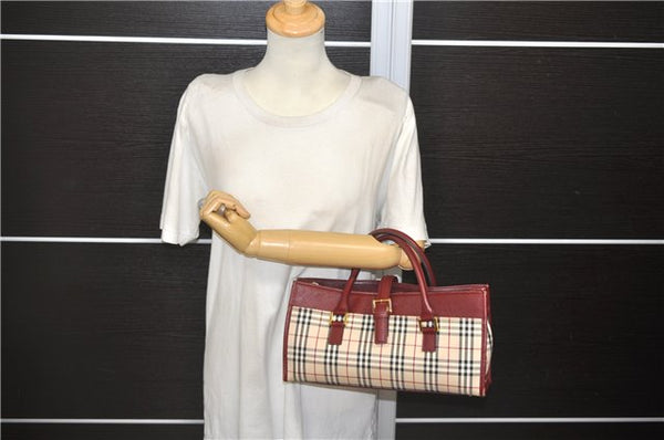 Authentic BURBERRY Nova Check Canvas Leather Hand Bag Purse Beige Red 6181D