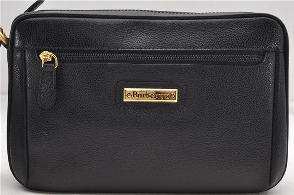 Authentic Burberrys Vintage Leather Clutch Hand Bag Purse Black 6187D