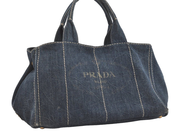 Authentic PRADA Canapa L Canvas Tote Hand Bag Denim Blue 6194I