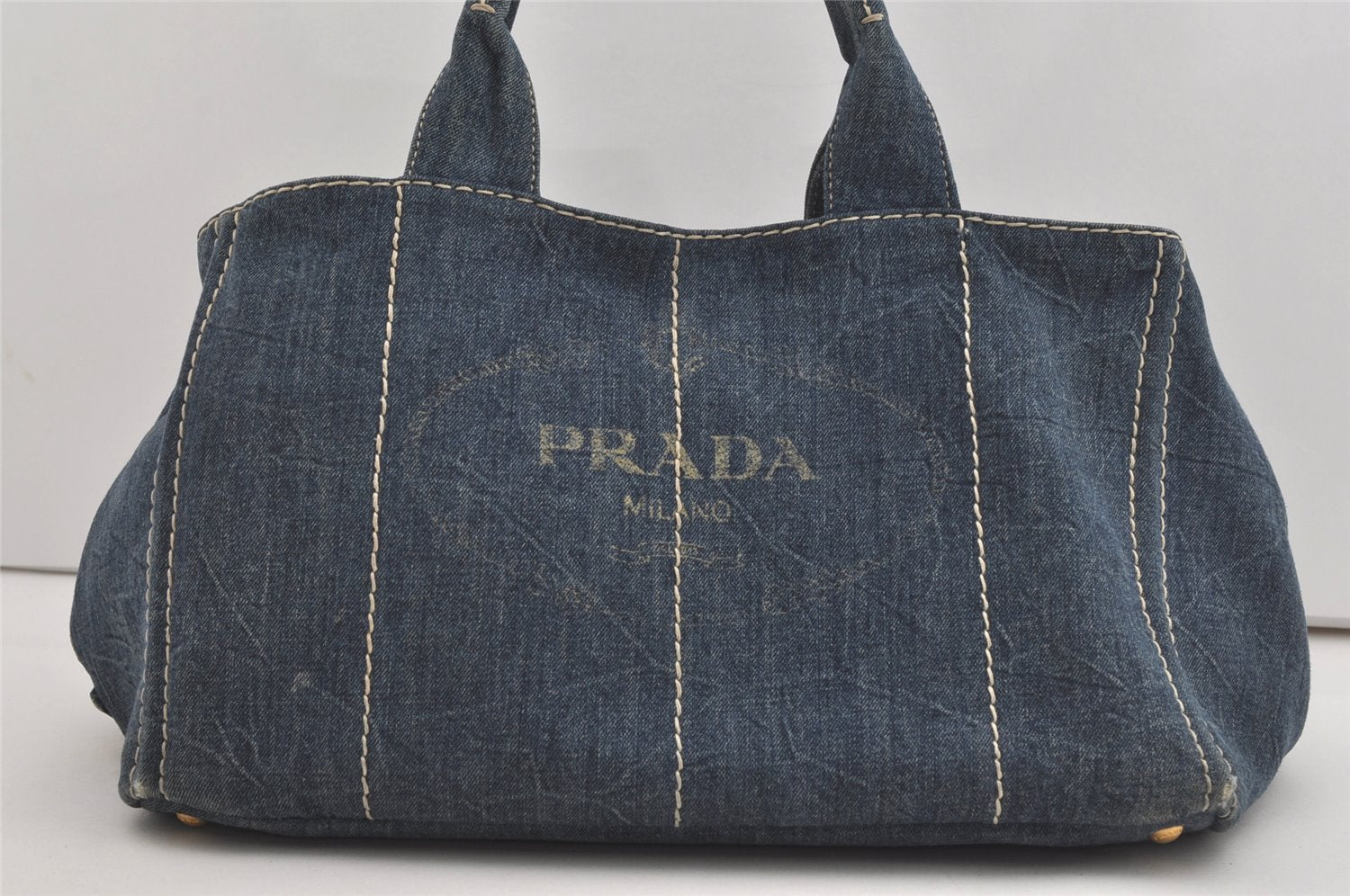 Authentic PRADA Canapa L Canvas Tote Hand Bag Denim Blue 6194I