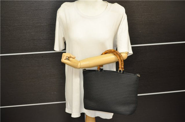 Authentic GUCCI Bamboo 2Way Shoulder Hand Bag Nylon Leather Black 6195D