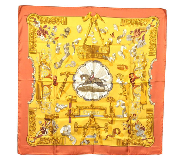 Authentic HERMES Carre 90 Scarf "Copeaux" Silk Orange Yellow 6196C