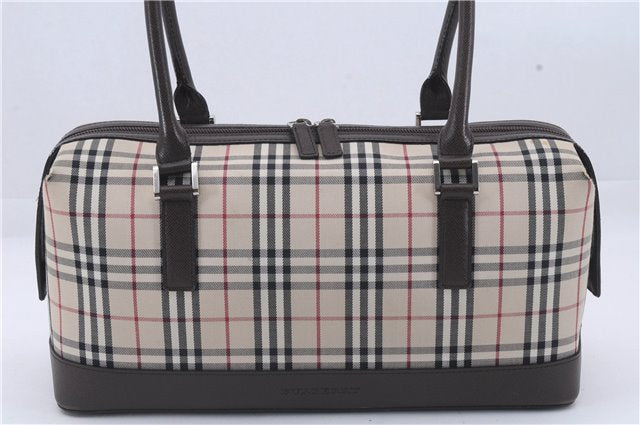 Authentic BURBERRY Vintage Nova Check Canvas Lrather Shoulder Bag Beige 6199D