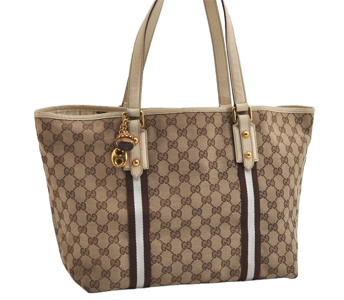 Authentic GUCCI Bamboo Sherry Line Tote Bag GG Canvas Leather Brown 6200I