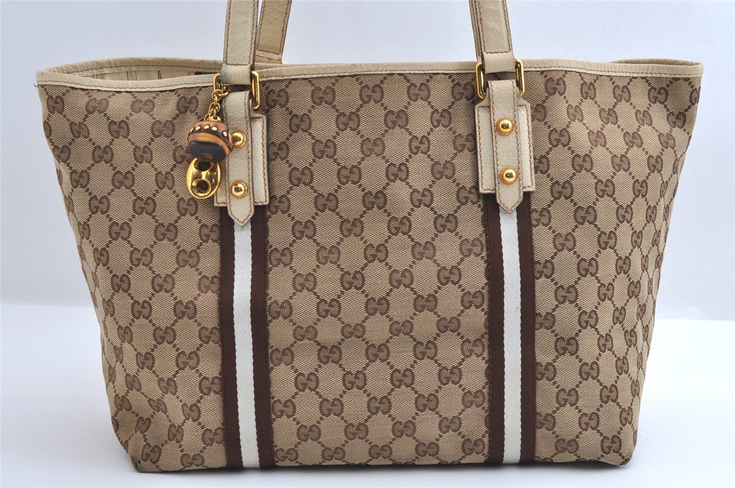 Authentic GUCCI Bamboo Sherry Line Tote Bag GG Canvas Leather Brown 6200I