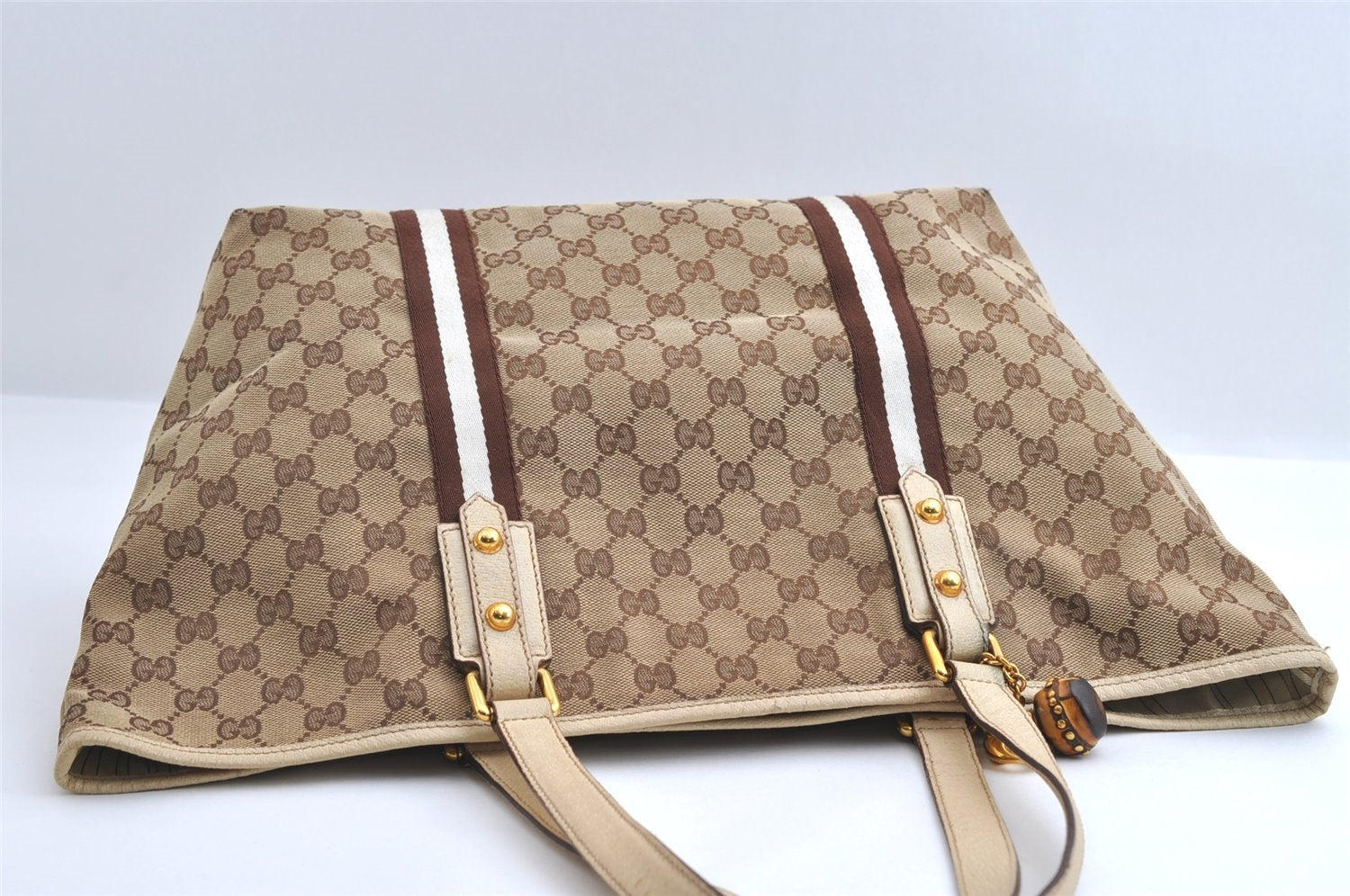 Authentic GUCCI Bamboo Sherry Line Tote Bag GG Canvas Leather Brown 6200I