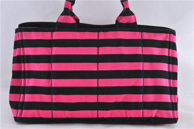 Authentic PRADA Canapa Righe Canvas Tote Hand Bag B1872B Pink Black Stripe 6207C