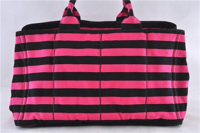 Authentic PRADA Canapa Righe Canvas Tote Hand Bag B1872B Pink Black Stripe 6207C