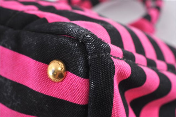 Authentic PRADA Canapa Righe Canvas Tote Hand Bag B1872B Pink Black Stripe 6207C