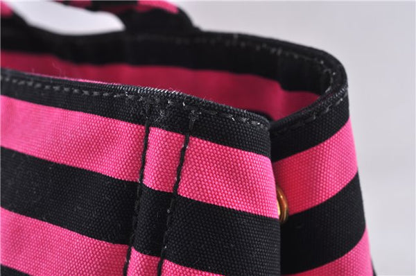 Authentic PRADA Canapa Righe Canvas Tote Hand Bag B1872B Pink Black Stripe 6207C