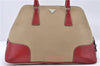 Authentic PRADA Shoulder Hand Bag Purse Canvas Leather Beige Red 6219C