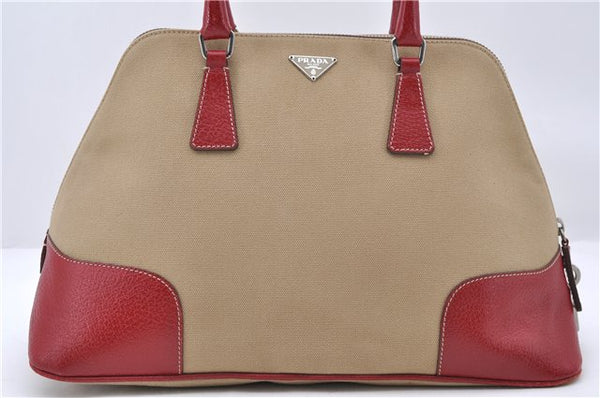 Authentic PRADA Shoulder Hand Bag Purse Canvas Leather Beige Red 6219C