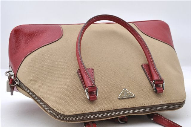 Authentic PRADA Shoulder Hand Bag Purse Canvas Leather Beige Red 6219C