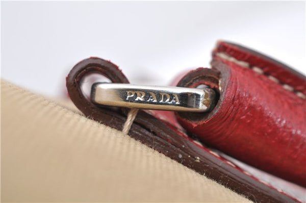 Authentic PRADA Shoulder Hand Bag Purse Canvas Leather Beige Red 6219C