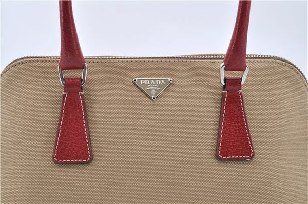 Authentic PRADA Shoulder Hand Bag Purse Canvas Leather Beige Red 6219C