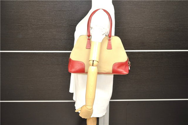 Authentic PRADA Shoulder Hand Bag Purse Canvas Leather Beige Red 6219C