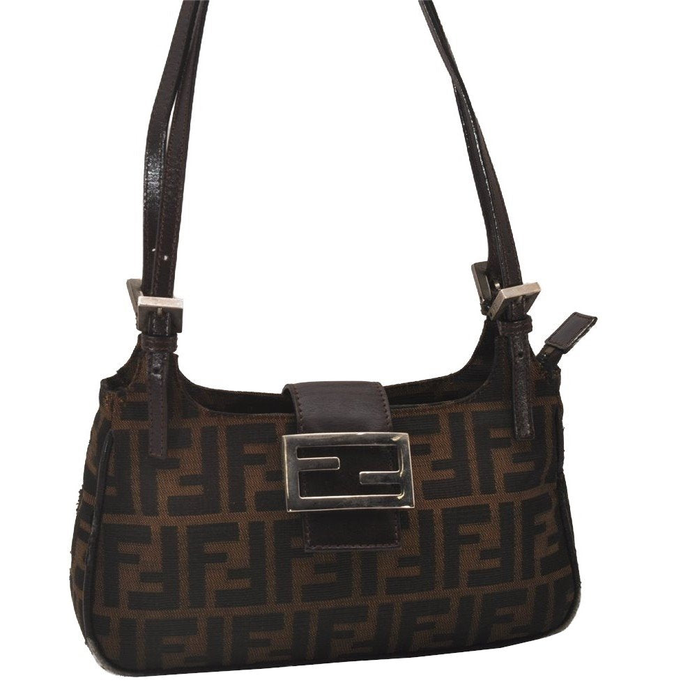 Authentic FENDI Zucca Shoulder Hand Bag Purse Canvas Leather Brown Black 6219I