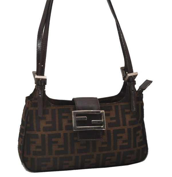 Authentic FENDI Zucca Shoulder Hand Bag Purse Canvas Leather Brown Black 6219I