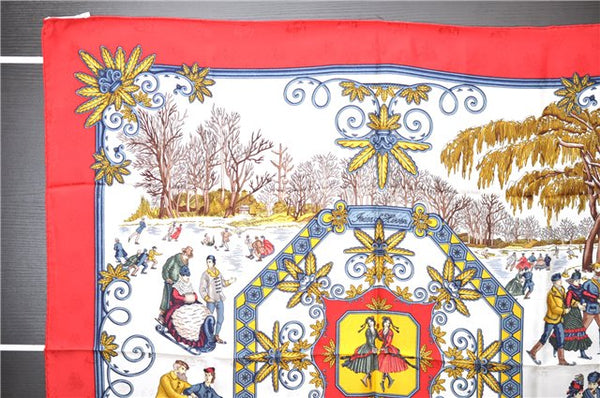 Authentic HERMES Carre 90 Scarf "Joies d'Hiver" Silk Red 6222F