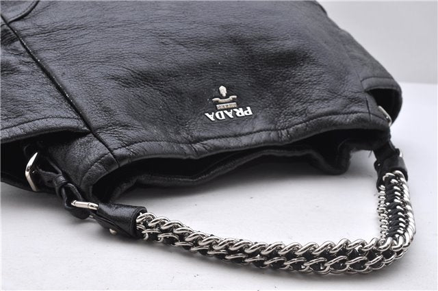 Authentic PRADA Leather Chain Shoulder Tote Bag Purse Black 6225D