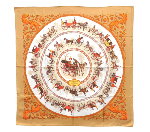 Authentic HERMES Carre 90 Scarf "LA Promenade De Longchamps" Silk Brown 6229E